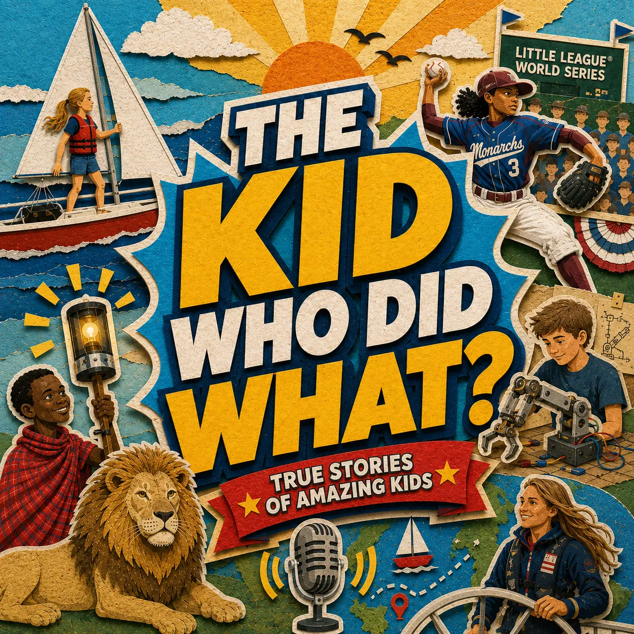 The Kid Who Did What? podcast cover art โ a cut-paper collage of kids on adventures around the world